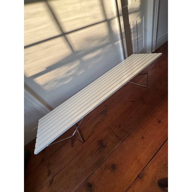 Authentic Bertoia Bench by Knoll, designed by Harry Bertoia — Knoll stamp clearly visible on the sled foot, confirming...