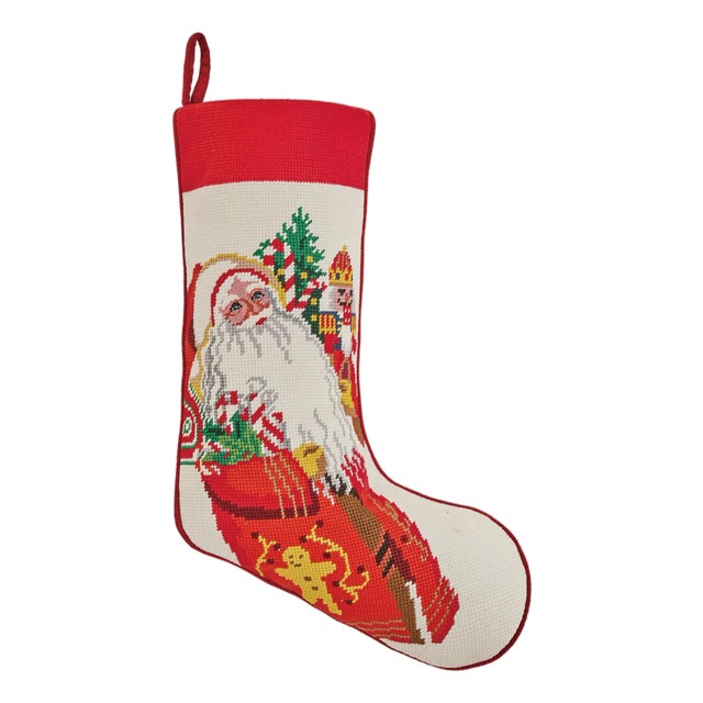 Jolly Christmas Embroidered Needlepoint Stocking For Sale