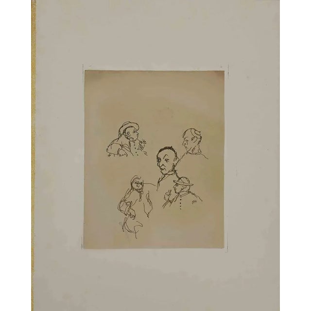 Portraits is an original Pencil and Pen Drawing realized by Mino Maccari in mid-20th century. Good condition on a yellowed...