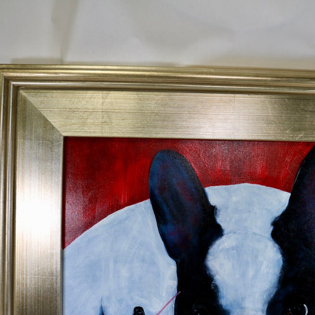 Ruby Red Early 20th Century Framed Boston Terrier Dog Portrait With Star Wars Figurines Oil Painting For Sale - Image 8 of 11