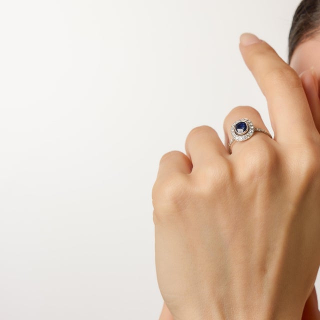 Early 20th Century Early 20th Century Art Deco Inspired Sapphire Diamond Cluster Platinum Ring, Size 7.5 For Sale - Image 5 of 6