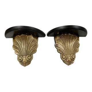 Pair of Vintage Brass Clam Shell Sconces With Black Wood Shelves for Nautical, Palm Beach Regency & Grandmillennial Styles+ See Pics! For Sale