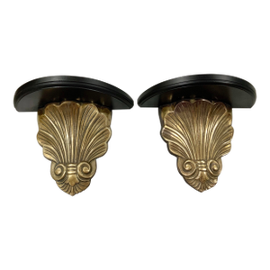 Pair of Vintage Brass Clam Shell Sconces With Black Wood Shelves for Nautical, Palm Beach Regency & Grandmillennial Styles+ See Pics!