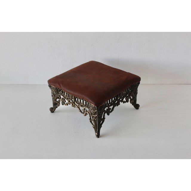 Bronze Large Vintage Victorian Style Cast Iron Bronze Finish Footstool Padded Faux Croc Fabric Top For Sale - Image 8 of 12