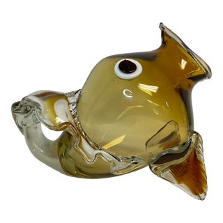 1980s Vintage Italian Boho Chic Handblown Amber Glass Large Scale Fish Sculptural Vase. For Sale