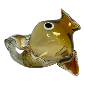 1980s Vintage Italian Boho Chic Handblown Amber Glass Large Scale Fish Sculptural Vase