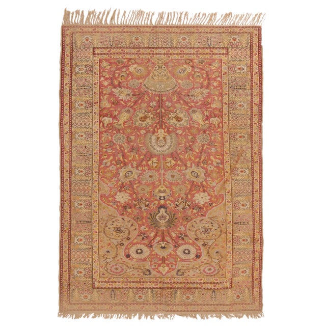 Antique Gordes Tea Green and Pink Wool Rug With Tree of Life Motifs For Sale