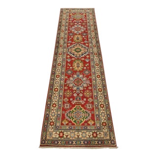 Kazak Runner 2’9” X 9’7” Red Wool Tribal Hand-Knotted Oriental Rug For Sale