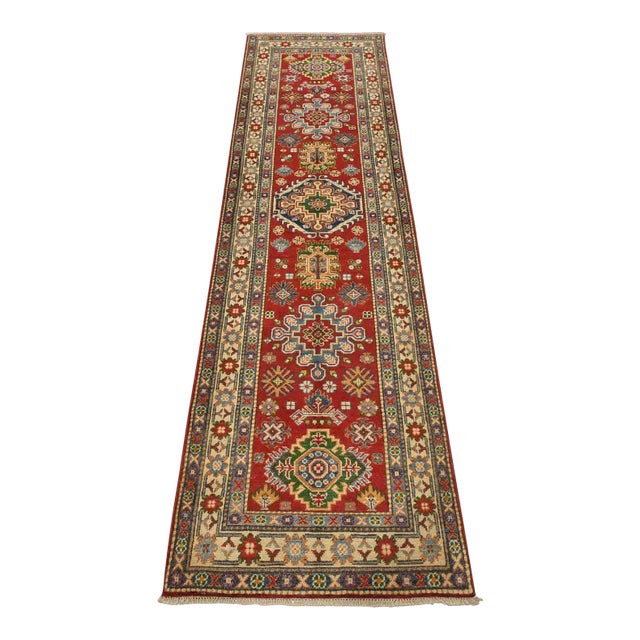 Kazak Runner 2’9” X 9’7” Red Wool Tribal Hand-Knotted Oriental Rug For Sale