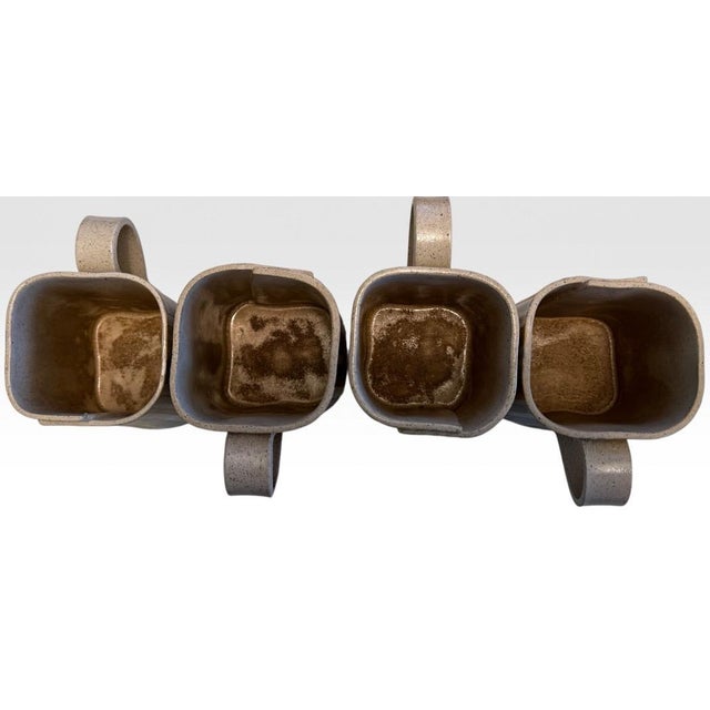 Beige Late 20th Century Signed Postmodern Hand-Built Studio Art Pottery Striped Stoneware Mugs by Leah Sheves Set of Four For Sale - Image 8 of 8