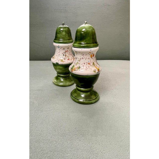 Vintage Green Multicolored Glaze Ceramic Salt & Pepper Shakers- a Pair For Sale - Image 4 of 10