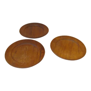 In the Style of Kay Bojesen / Finn Juhl- Set of 3 Vintage Solid Teak Dinner Plates Labeled