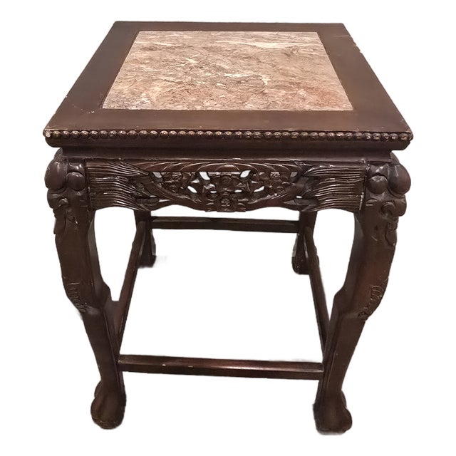 Antique Chinese Carved Hardwood Marble Table For Sale