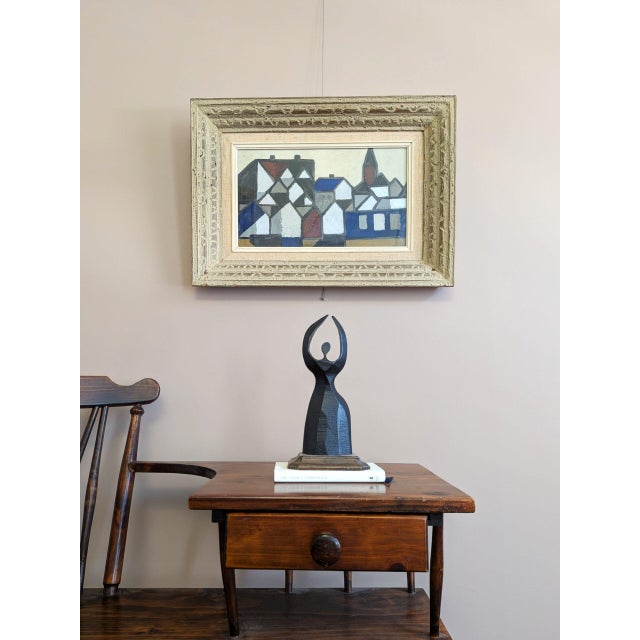 Mid-Century Modern 1952 Mid-Century Modern 'Rhythm of Facades' Swedish Geometric Abstract Street Scene Oil Painting, Framed For Sale - Image 3 of 9