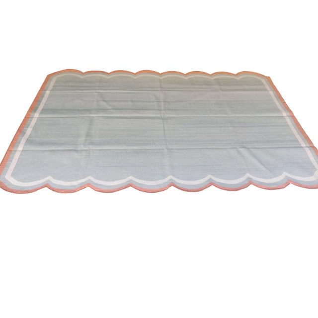 Handmade Cotton Scalloped Rug, Grey with Cream and Terra Cotta Border 8'x10' For Sale - Image 6 of 8