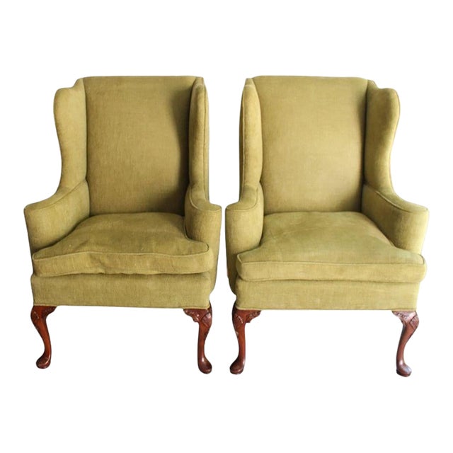 Vintage Queen Anne Style Chenille Wingback Chairs - Set of 2 For Sale