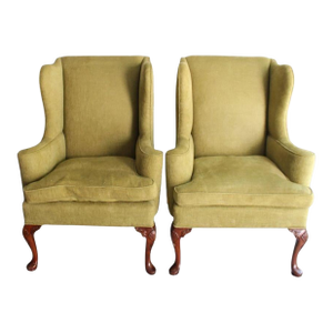 Vintage Queen Anne Style Chenille Wingback Chairs - Set of 2