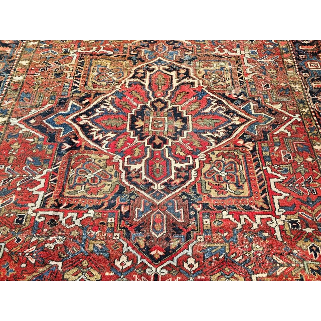 Vintage Persian Heriz Rug, Hand-Knotted Wool, Geometric Medallion Pattern, Red & Navy, 9x12 For Sale - Image 4 of 18