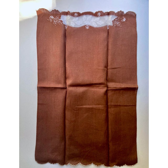 Coffee Scalloped Cocoa & White Embroidered Linen Tea Towels - Set of 2 For Sale - Image 8 of 13