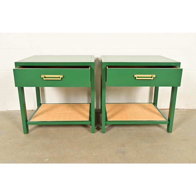 1960s Michael Taylor for Baker Furniture Mid-Century Hollywood Regency Green Lacquer and Cane Campaign Nightstands, Newly Refinished For Sale - Image 5 of 15