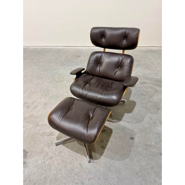 Eames Mid Century Modern Eames Style Lounge Chair and Ottoman, Brown Leather and Oak c.1960’s For Sale - Image 4 of 12