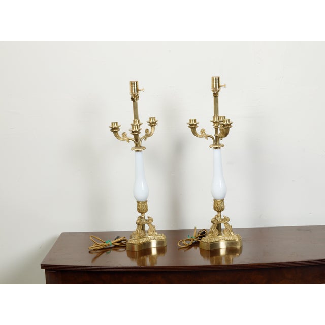 French 1920s French Empire Style Bronze and Opaline Glass Table Lamps - a Pair For Sale - Image 3 of 9