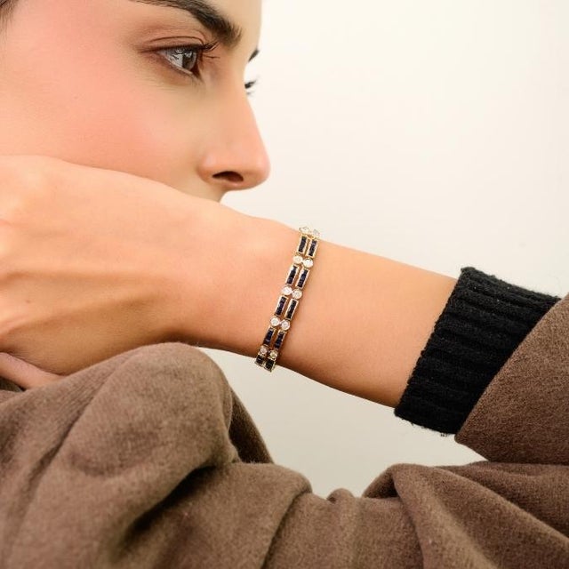 14k Yellow Gold Square Cut 6.25 Ct Sapphire Diamond Estate Tennis Bracelet for Her For Sale In New York - Image 6 of 13