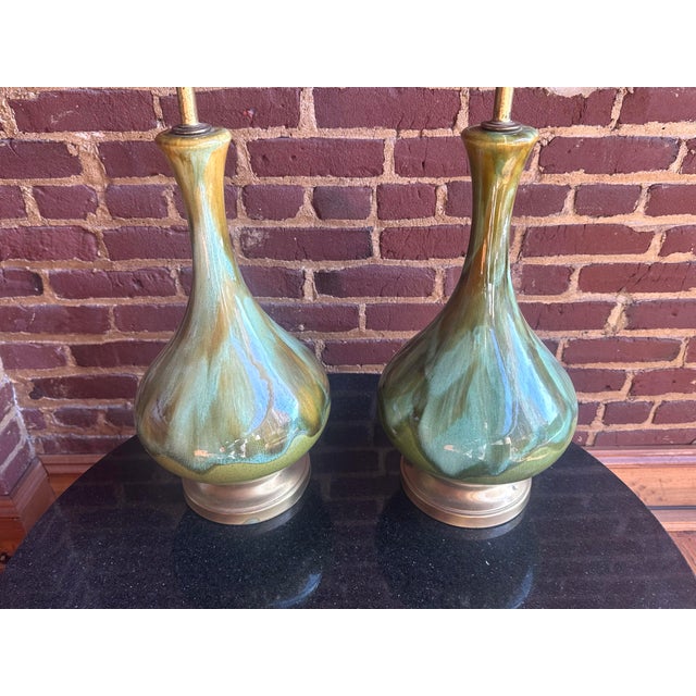 Pair of Mid Century Drip Glaze Pottery Lamps For Sale - Image 6 of 10