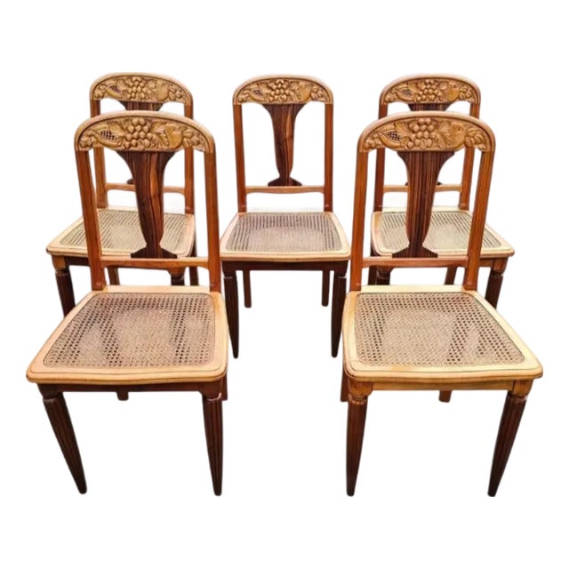 Antique Late 19th Century Art Nouveau Caned Seat Dining Chairs- Set of 5 For Sale