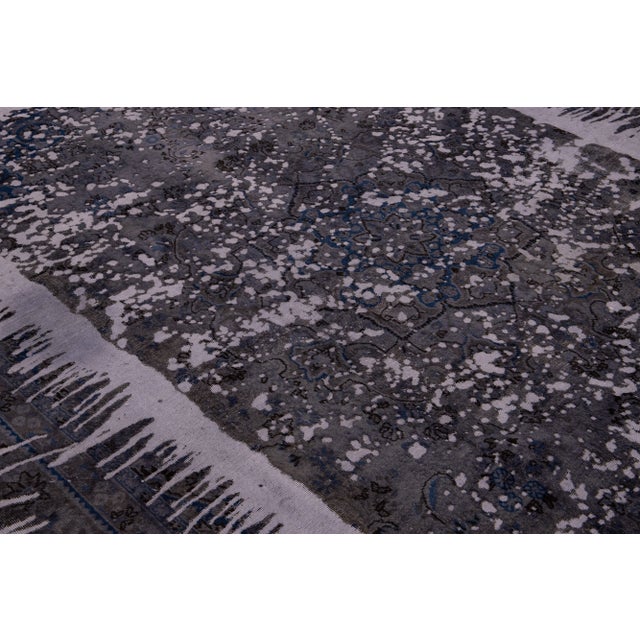 Vintage Distressed Handmade Floral Gray and Blue Wool Rug For Sale - Image 10 of 11
