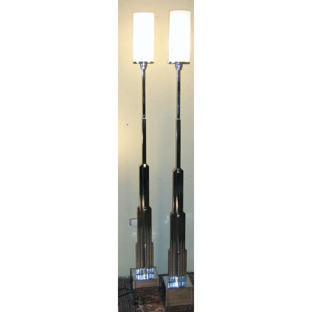 This is a pair of monumental Jules Bouy Architectural Skycraper floor lamps. They are the epitome of high Art Deco style...