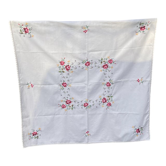 Early 20th Century Embroidered Floral Square Tablecloth For Sale