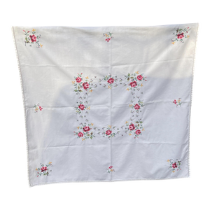 Early 20th Century Embroidered Floral Square Tablecloth