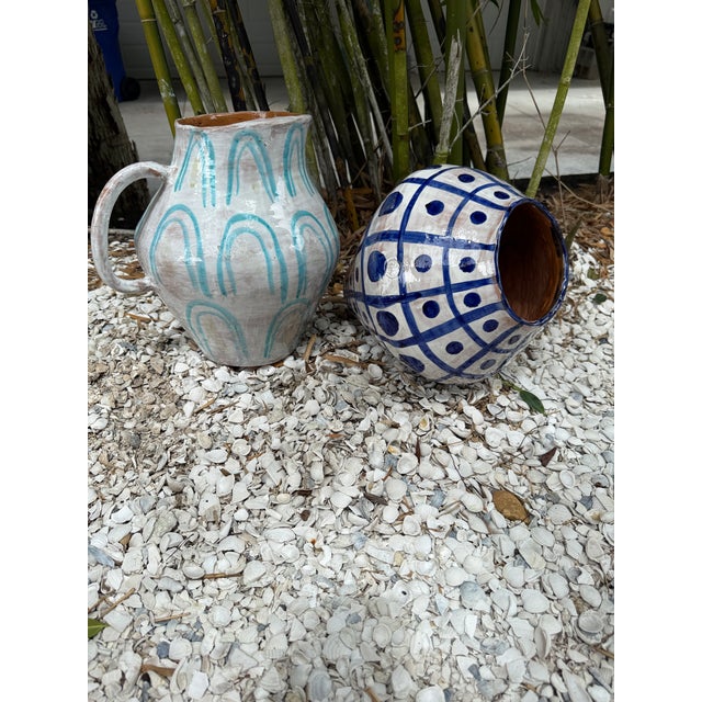 Rustic European Aqua Arc Italian Ceramic Pitcher For Sale - Image 3 of 7