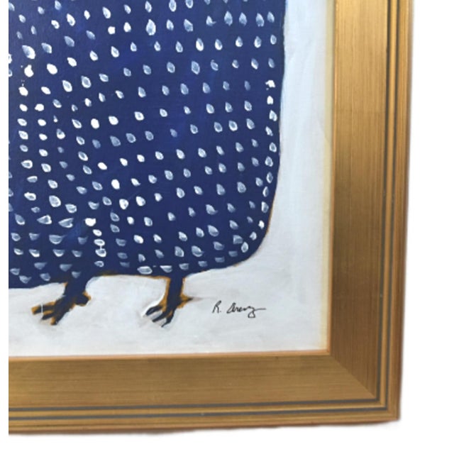 An original whimsical folk art painting by artist Ruth Arenz, featuring a stylized blue hen/chicken/rooster with white...