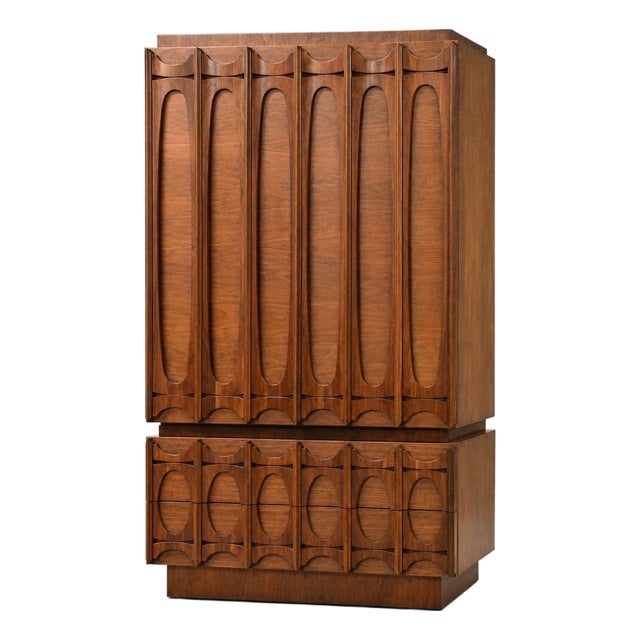 1970s Tobago Brutalist Tall Walnut Armoire Dresser For Sale