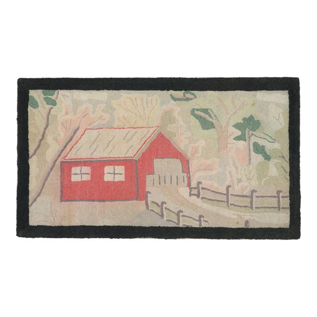 Antique Hooked Rug With Farm Pictorials in Cream and Green, From Rug & Kilim For Sale