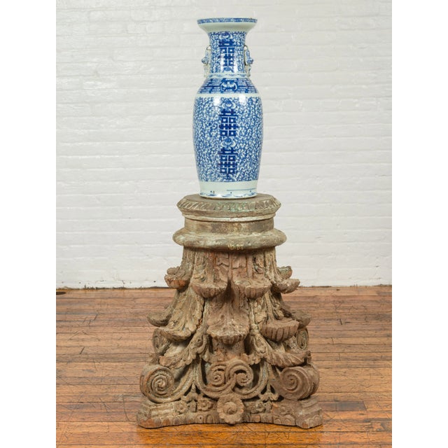 Antique Indian Corinthian Temple Capital Carving with Distressed Patina For Sale - Image 4 of 13