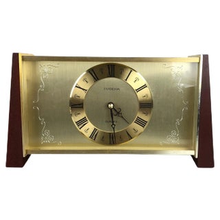 Vintage Modernist Wooden Teak Brass Table Clock from Dugena, Germany, 1960s For Sale