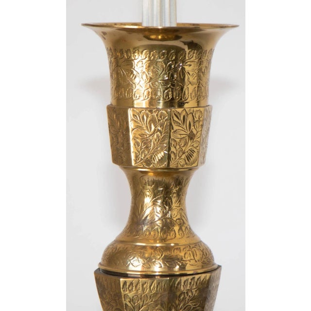 Metal Vintage Anglo-Indian Engraved Brass Candlestick Table Lamp, Circa 1950 For Sale - Image 7 of 18