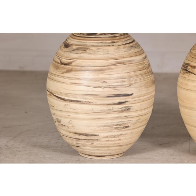 Late 20th Century Large Artisan Ceramic Floor Vases with Cream and Brown Swirled Glaze (Sold Each) For Sale - Image 15 of 18