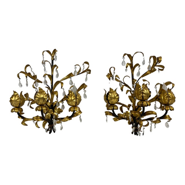 Large Pair French Gold & Rock Crystal Flower Sconces For Sale