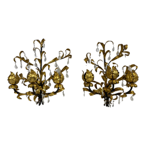 Large Pair French Gold & Rock Crystal Flower Sconces