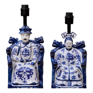Pair of Hand-Painted Blue and White Emperor and Empress Figural Porcelain Lamps, Chinese Export Style – Jingdezhen For Sale