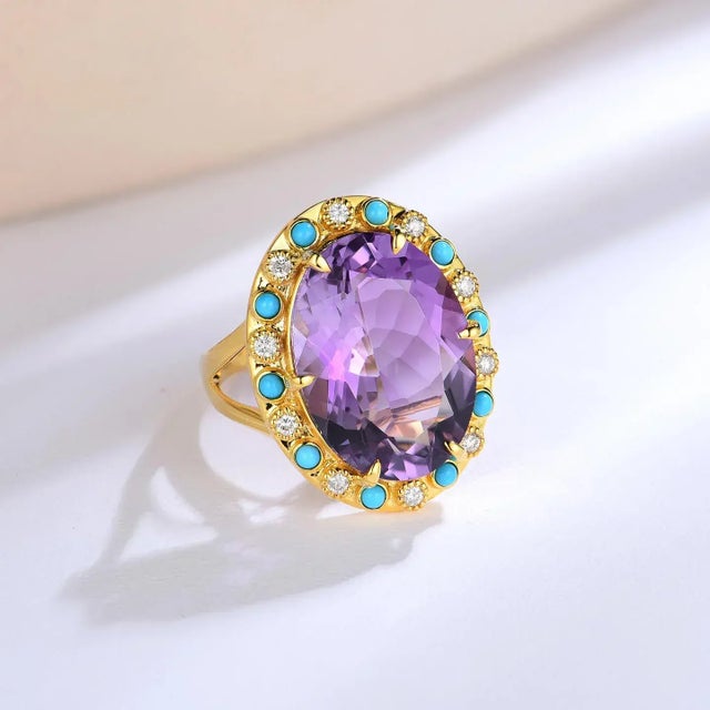 Nina Zhou Amethyst Turquoise Diamond Vintage-Style Cocktail Ring in 14k Yellow Gold Ring, size 9.5 For Sale In Los Angeles - Image 6 of 8