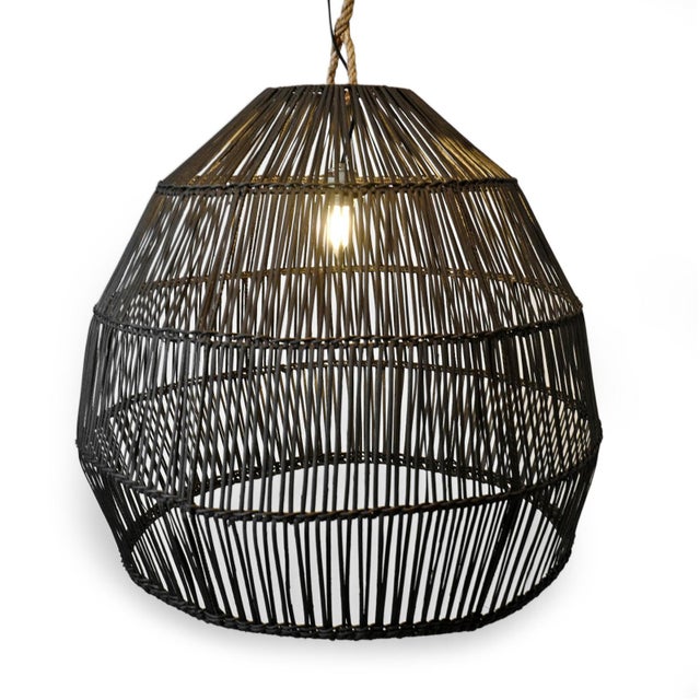 Hand crafted black rattan on metal frame dome shaped pendant lantern. Beautiful pendant for any modern, tropical, tribal,...