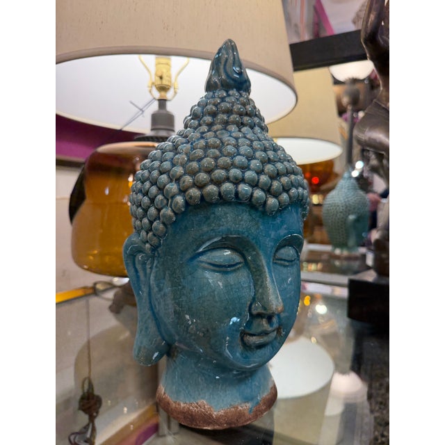 Ceramic Blue Crackle Glaze Pottery Thai Buddha Sculpture For Sale - Image 7 of 8