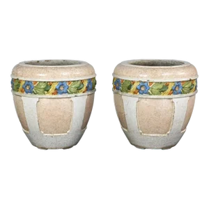 Early 20th Century Antique Architectural Glazed Terracotta Planters With Floral Details a Pair