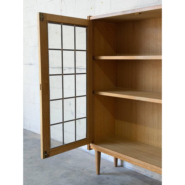 Oak Leaded Glass 2-Door Bookcase Vintage Mid-Century Modern 1970s For Sale - Image 10 of 11