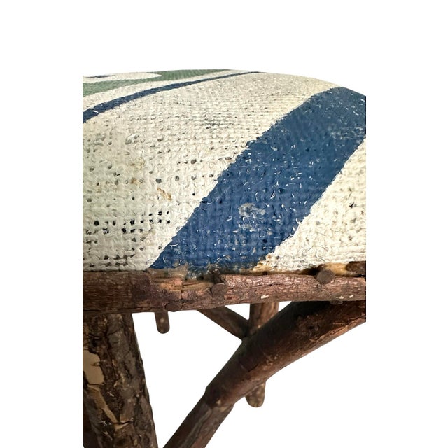 Antique Rustic Adirondack / Arts & Crafts / Primitive Folk Art Twig / Branch Stool With Hand Painted Cushion For Sale - Image 9 of 9